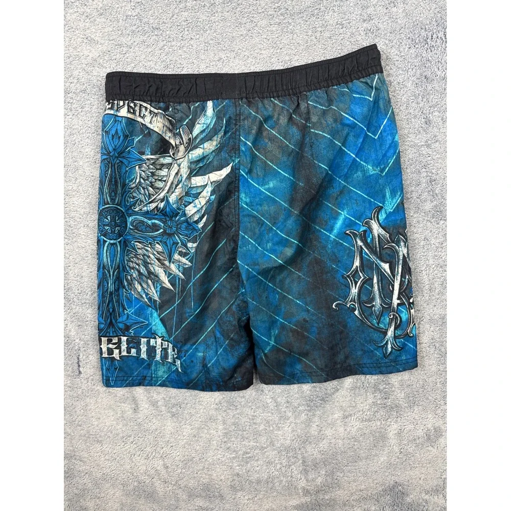 MMA Elite Mens Size M Blue Board Shorts Graphic Cross Wing Swim Trunks